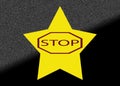 Fluorescent yellow five pointed pentagram star on grey black glittering background and a warning sign stop. Vector illustration. Royalty Free Stock Photo