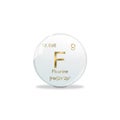 Fluorine symbol - F. Element of the periodic table on white ball with golden signs. White background