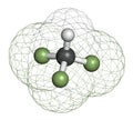 Fluoroform greenhouse gas molecule. 3D rendering. Atoms are represented as spheres with conventional color coding: hydrogen white