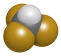 Fluoroform greenhouse gas molecule. 3D rendering. Atoms are represented as spheres with conventional color coding: hydrogen (white
