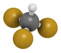 Fluoroform greenhouse gas molecule. 3D rendering. Atoms are represented as spheres with conventional color coding: hydrogen (white