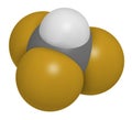 Fluoroform greenhouse gas molecule. 3D rendering. Atoms are represented as spheres with conventional color coding: hydrogen (white