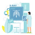 Fluorography exam of patient female. Chest xray scan, roentgen, chest radiography, lungs health vector illustration.