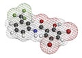 Fluorosalan antiseptic molecule. 3D rendering. Atoms are represented as spheres with conventional color coding: hydrogen (white),