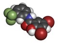 Fluorosalan antiseptic molecule. 3D rendering. Atoms are represented as spheres with conventional color coding: hydrogen (white),