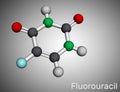 Fluorouracil, 5-FU molecule. It is pyrimidine analog, cytotoxic chemotherapy medication used to treat cancer. Molecular model. 3D