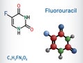 Fluorouracil, 5-FU molecule. It is pyrimidine analog, cytotoxic chemotherapy medication used to treat cancer. Structural chemical
