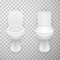 Flush toilet bowls with open and closed lid realistic set. WC pan ceramic white with seat up and down