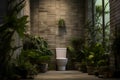 Flush toilet with fresh plant.Toilet bowl in modern bathroom interior.GenerativeAI. Royalty Free Stock Photo