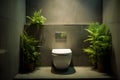 Flush toilet with fresh plant.Toilet bowl in modern bathroom interior.GenerativeAI.