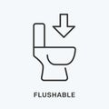 Flushable line icon. Vector illustration of toilet and arrow. Black outline pictogram for wc