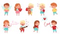 Flushed Boy and Girl Character Holding Love Heart and Dreaming Vector Illustration