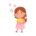 Flushed Girl Character Holding Gift Box Behind Her Back Vector Illustration