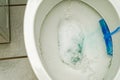 flushing water toilet wc seat with foam with blue scented stones as scent rinser and opened seat white tiles floor