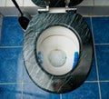 flushing the wc toilet with blue scented stones as scent rinser and dark marble seat blue tiles floor Royalty Free Stock Photo