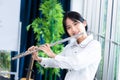 Flute classical instrument profestional player playing song. A young and elegant Asian woman plays the flute