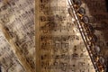 Flute on old handwritten sheet music top view horizontal composition