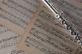 Flute on old notes background for graphic and web design, Modern background. Internet concept. Trendy background for website