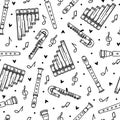 Flute seamless vector pattern. Hand drawn wooden or metal musical instrument. Block flute, pan pipe, duduk, piccolo.
