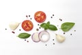 Fluteley. A set of vegetables and spices for cooking. Tomato slices, purple onion rings, fresh basil leaves, garlic and allspice. Royalty Free Stock Photo