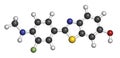 Flutemetamol (18F) PET tracer molecule. Used to diagnose Alzheimer\'s disease. Atoms are represented as spheres with conventional