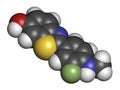 Flutemetamol (18F) PET tracer molecule. Used to diagnose Alzheimer\'s disease. Atoms are represented as spheres with conventional