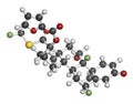 Fluticasone furoate corticosteroid drug molecule. Used in treatment of allergic rhinitis, COPD and chronic bronchitis. Atoms are