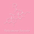 Fluticasone furoate corticosteroid drug molecule. Used in treatment of allergic rhinitis, COPD and chronic bronchitis. Skeletal.