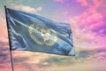Fluttering United Nations flag on colorful cloudy sky background. Prosperity concept