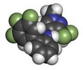 Fluxapyroxad fungicide molecule. 3D rendering. Atoms are represented as spheres with conventional color coding: hydrogen white,.