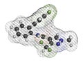 Fluxapyroxad fungicide molecule. 3D rendering. Atoms are represented as spheres with conventional color coding: hydrogen white,.