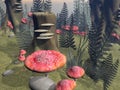 Fly agaric mushrooms in the forest - 3D render