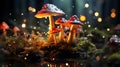 Fly agaric mushrooms grow in a forest clearing. Fabulous magic mushrooms dark forest. generative ai