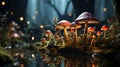 Fly agaric mushrooms grow in a forest clearing. Fabulous magic mushrooms dark forest. generative ai