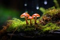 Fly agaric mushrooms grow on a stump in moss