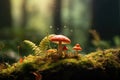 Fly agaric mushrooms grow on a stump in moss Royalty Free Stock Photo
