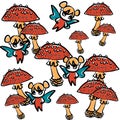 fly agaric mushrooms and little girl fairy pattern lineart