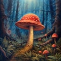 Fly agaric mushrooms. Red toadstools, Amanita mushrooms in magical forest.