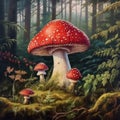 Fly agaric mushrooms. Red toadstools, Amanita mushrooms in magical forest.