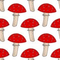 Fly agaric seamless pattern. wallpaper, textile, background, wrapping paper. sketch hand drawn doodle. . mushroom, forest, Royalty Free Stock Photo