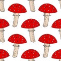 Fly agaric seamless pattern. wallpaper, textile, background, wrapping paper. sketch hand drawn doodle. vector. mushroom, forest, Royalty Free Stock Photo