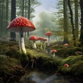 fly agarics in the forest.