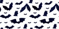 Fly bat, halloween cave pattern. Scary flying animals, horror in sky, spooky vampire silhouettes isolated, creepy