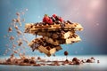 fly Belgian waffles with whipped cream, strawberries and chocolate sauce isolated on studio background Royalty Free Stock Photo