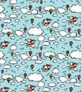 Fly bird sky clouds air balloon seamless pattern Royalty Free Stock Photo