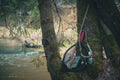 Fly box and rod on the river bank. Fly fishing Royalty Free Stock Photo