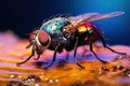 Fly with bright iridescent colors, macro. Generative AI