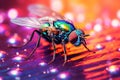 Fly with bright iridescent colors, macro. Generative AI