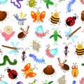 Fly and creeping cute cartoon insects pattern for happy kids