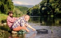 fly fish hobby of men. retirement fishery. Two male friends fishing together. big game fishing. relax on nature. happy Royalty Free Stock Photo